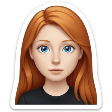 Ginger head woman with long hair and lightblue eyes, straight nose, almond eyes, black shirt,  sticker