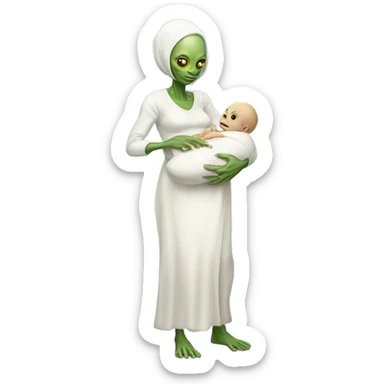  Reptilian alien woman , full body,  holds a newborn white "humman no alien baby" sticker