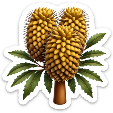 Cinematic Realistic Banksia Emoji, Bold and striking, with spiky, cylindrical flower heads covered in rich golden hues. The leaves are thick and leathery, adding a sense of strength to this unique and iconic tree. Soft glowing outline, capturing the essence of Australian ruggedness and floral beauty in a distinctive banksia tree! sticker