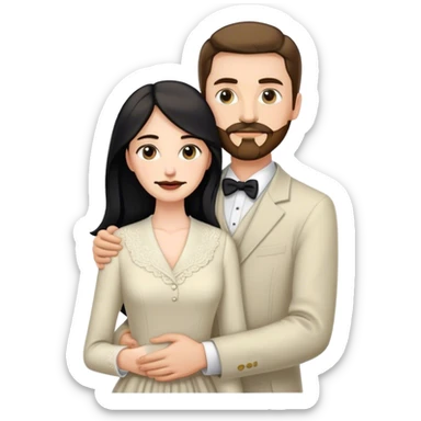 married couple portrait, tall white man with brown hair goatee mustache embracing a pale woman with long black hair, wearing formal clothing sticker