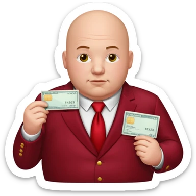 fat guy bold head in dark red velvet suit holding cheque sticker