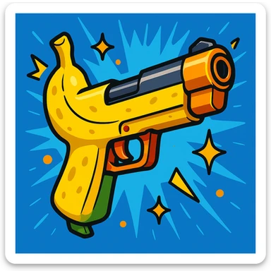banana pistol in Fortnite style, playful and humorous, chunky design, outlined details, vivid colors, game-inspired effects sticker