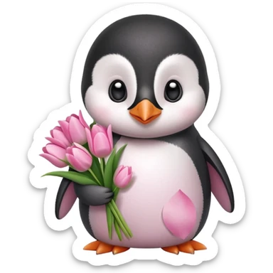 Cute baby penguin holding flower bouquet wraped in white paper and all flowers tulips in pink colour sticker