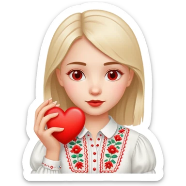 Ukrainian girl in a white embroidered shirt holds a heart in her hand sticker