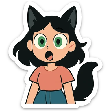 a surprised girl with huge green eyes, black fox ears, and a tail, dark hair sticker