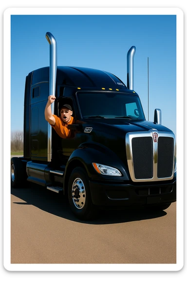 Make the scene much brighter with vivid lighting and clear details, while keeping the 2026 Kenworth W680 black sleeper semi, angry bald man in orange shirt, glasses, and baseball cap arm pumping out the window unchanged. Enhance brightness and clarity but preserve all original elements exactly as they are. sticker