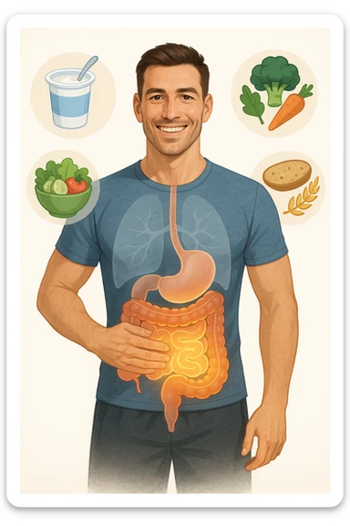 a fit, smiling man stands confidently with one hand on his abdomen. A transparent overlay reveals a healthy, detailed digestive tract with a glowing, vibrant intestine. Around him, icons of healthy foods like yogurt, vegetables, and whole grains float, symbolizing good gut health. The background is clean and bright, with an educational mood. sticker