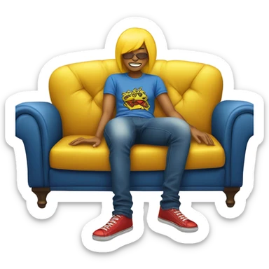 A person lying on a sofa, legs crossed with hands behind the head, relaxing in a cozy setting, yellow skin, Ed Hardy t-shirt, blue jeans sticker