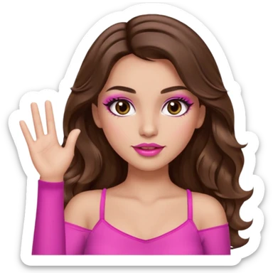 girl with long wavy brown hair, brown eyes, long lashes makeup, sexy pink lips, light to medium complexion, wearing a pink sexy top, one hand in the air high sticker