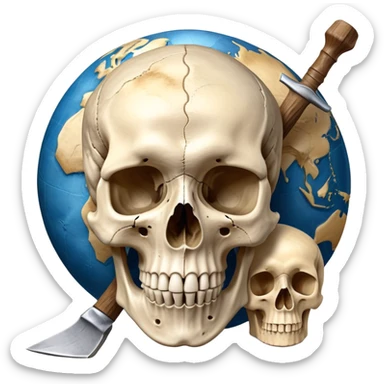 An icon featuring a human skull and fossilized bones, symbolizing the study of anthropology. The design includes archaeological tools like a pickaxe and brush, with a background of ancient artifacts and a globe. Transparent background emphasizes the exploration of human history and evolution. sticker