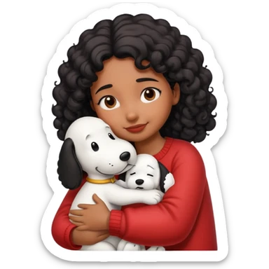 Girl with brown skin and curly black hair hugging snoopy sticker