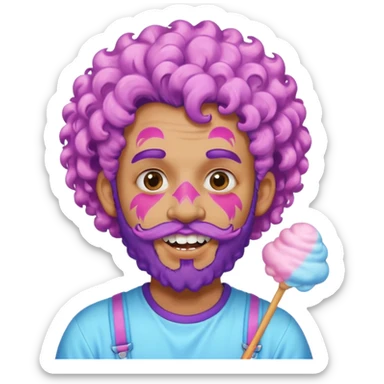 very colorful puffy violet curly haired man beard made out of cotton candy wearing teeth-braces and excessive face tattoos just face  sticker