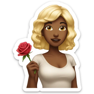 A blond women named rose, with dark hair bangs and making a kissy face, while holding a rose in her hand sticker