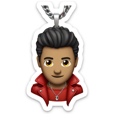 man with hair red, wearing a black leather jacket coupled with a bright red shirt underneath that had a winged skull imprint on the front of it. Additionally, he wore a single silver chain hanging down from his neck  sticker