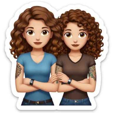 smug crossed arms — long wavy brown hair tattooed woman and short tight curly brown hair woman — glow aura sticker