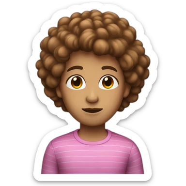 a human with brownpuffy  hair, a blue shirt with two pink stripes on it black pants and eyes-closed and mouth straight sticker