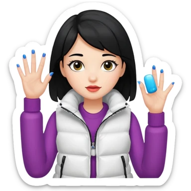 girl with black hair in a white puffer vest with nails sticker