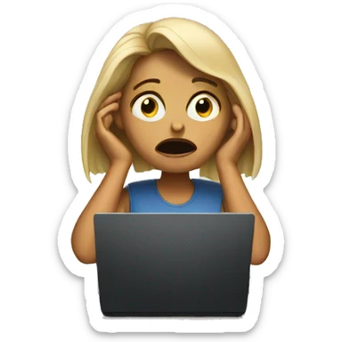crying woman sitting at her desk with laptop sticker