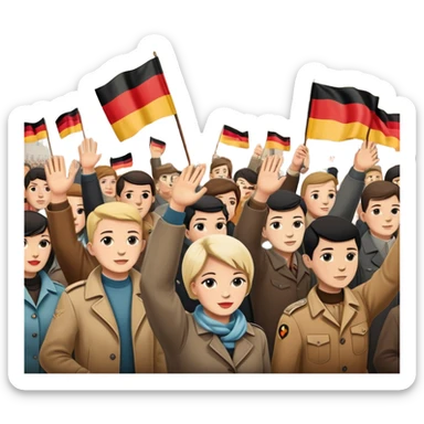 group of protesters, some waving East and West German flags, Berlin Wall behind, 1950s and 60s sticker