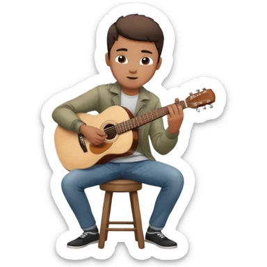 Young man – sitting on stool, casual clothes, playing acoustic guitar, focused expression.
 sticker