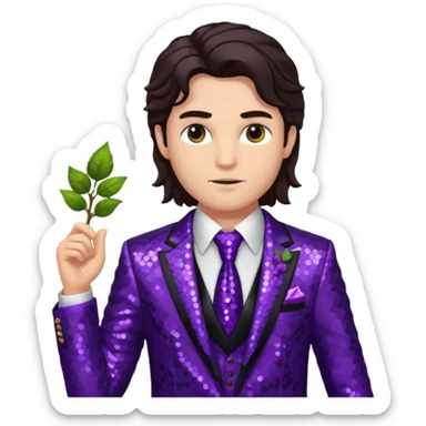 Dionysus from Greek Mythology with long dark brown hair, purple sequin suit jacket and tie, black shirt sticker
