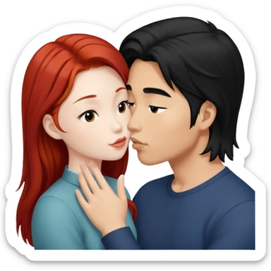 snow falls long black haired asian guy kissing redhead girl sticker