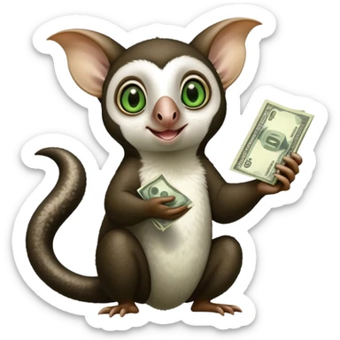 Black and white Flying lemur with big ears pointing up and green eyes named momo with money sticker