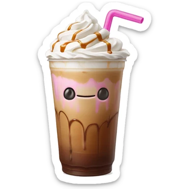 Caramel iced coffee with whipped cream and caramel drizzle with light pink straw sticker