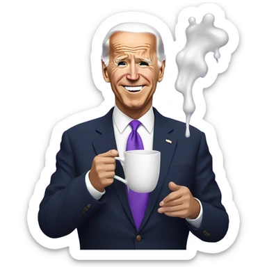 biden with purple liquid spilling out of white cup sticker