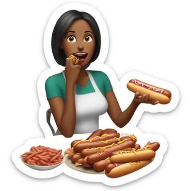 Woman eating a pile of hotdogs sticker