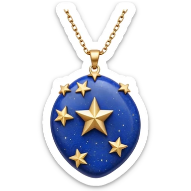 lapis lazuli stone in original form, cradled by a shimmering gold chain, surrounded by tiny stars sticker