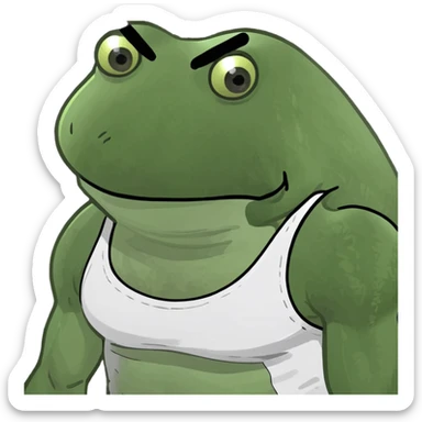 Incredibly muscular, roided up bufo, extra creatine, wearing white tank top with sweat stains, angry eyes, red face sticker