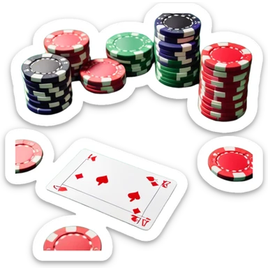 A photorealistic icon featuring playing cards and a stack of poker chips on a green felt table. Bright, detailed design with realistic textures and lighting. Transparent background, clearly symbolizing card games and strategy. sticker