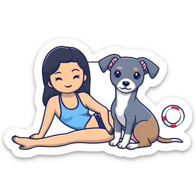 Slim Chinese woman with long black hair in appropriate pool attire relaxing by a swimming pool with her Italian greyhound that is COMPLETELY solid grey, with absolutely NO white markings anywhere, single uniform grey color throughout entire dog body sticker