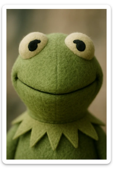 Kermit the Frog plushie head, cheerful emoji-like expression, fuzzy and adorable sticker