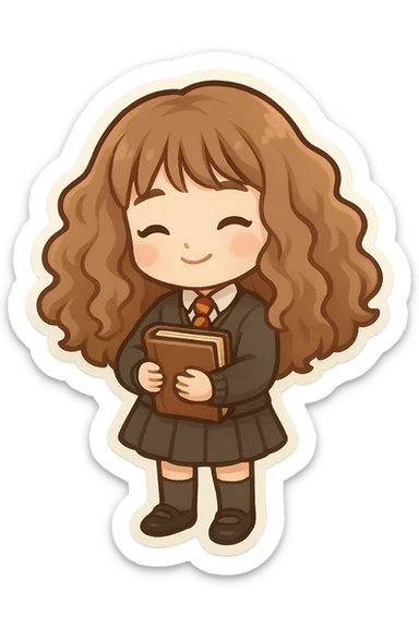 cute chibi character inspired by Hermione Granger with voluminous brown hair, wearing Hogwarts uniform including sweater, tie, skirt, socks, and shoes, holding a book, transparent background sticker