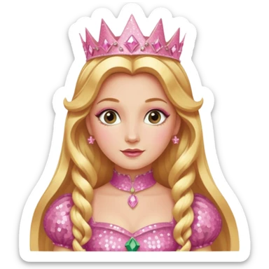 Glinda from The Wizard of Oz with long golden blonde hair, pink sequin outfit sticker
