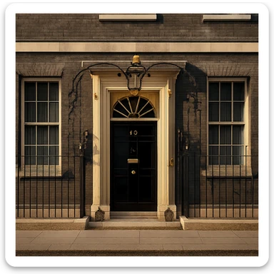 cinematic, realistic emoji of 10 Downing Street in London, featuring its iconic black door and Georgian brick facade, lifelike detail, accurate colors, bright lighting, fully transparent background with no sky, slightly zoomed out for a wider angle view sticker