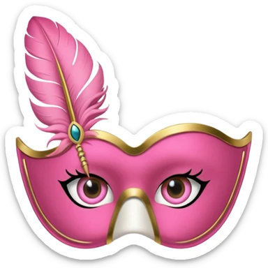 masquerade Pink eye mask with gold trim and small side feather. sticker