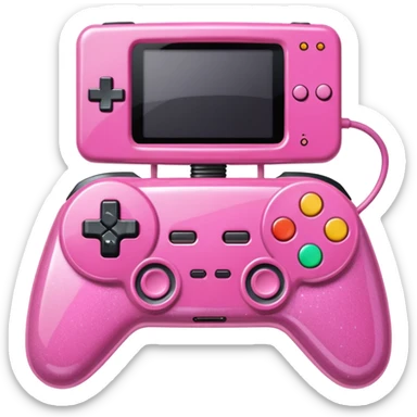 glittery pink 90s retro game console with pink corded controller next to it sticker