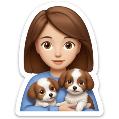 Blue eyes brown haired woman holding a brown and white dog sticker