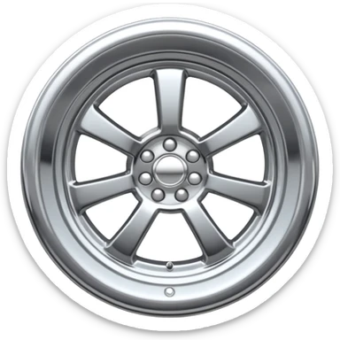 A chrome car wheel emoji, polished silver metal rim, smooth circular shape, minimal futuristic design, soft reflections, iOS emoji style, centered on white background, ultra clean look sticker