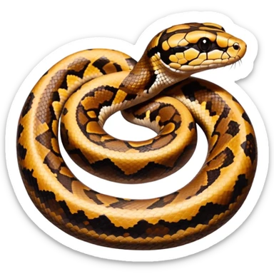 A photo-realistic top-down view of a Ball Python gently coiled into a tight spiral, with its head resting peacefully at the center. Its scales are warm brown with bold, irregular black markings, including the distinctive “alien-head” pattern, flowing smoothly along its body.  sticker
