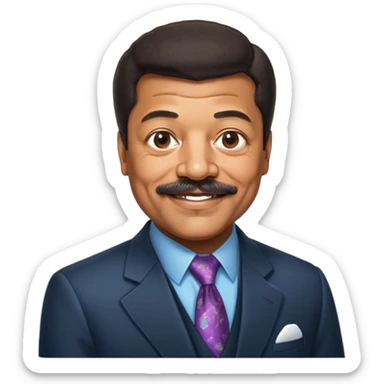 Neil deGrasse Tyson, astrophysicist with a mustache, wearing a suit, smiling sticker