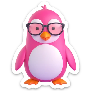 pink penguin with a genius girl vibe, wearing glasses, looking clever and confident, cute and expressive sticker
