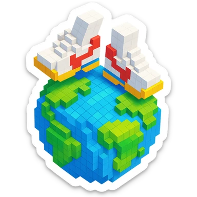 isometric view of Earth globe with a pair of Nike Cortez sneakers walking on top, voxel style sticker