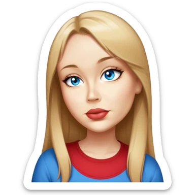 female, wearing red shirt, long mittle-blonde hair with thin bangs sticker