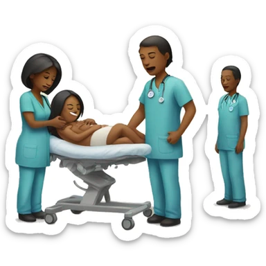 a woman gives birth and doctors stand nearby sticker