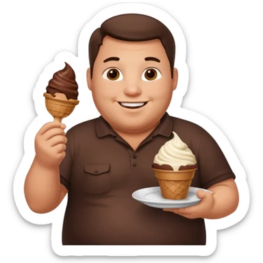 A fat man with a plate of chocolate ice cream sticker