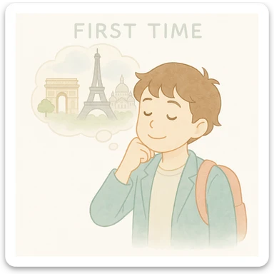 Edit the image of the guy to show him daydreaming about his next trip to Paris. Add a dreamy thought bubble above his head containing iconic Paris landmarks like the Eiffel Tower. Maintain the same soft watercolor illustration style with pastel colors, delicate linework, a gentle, whimsical mood, anime-inspired features, and minimal, soft shading. sticker